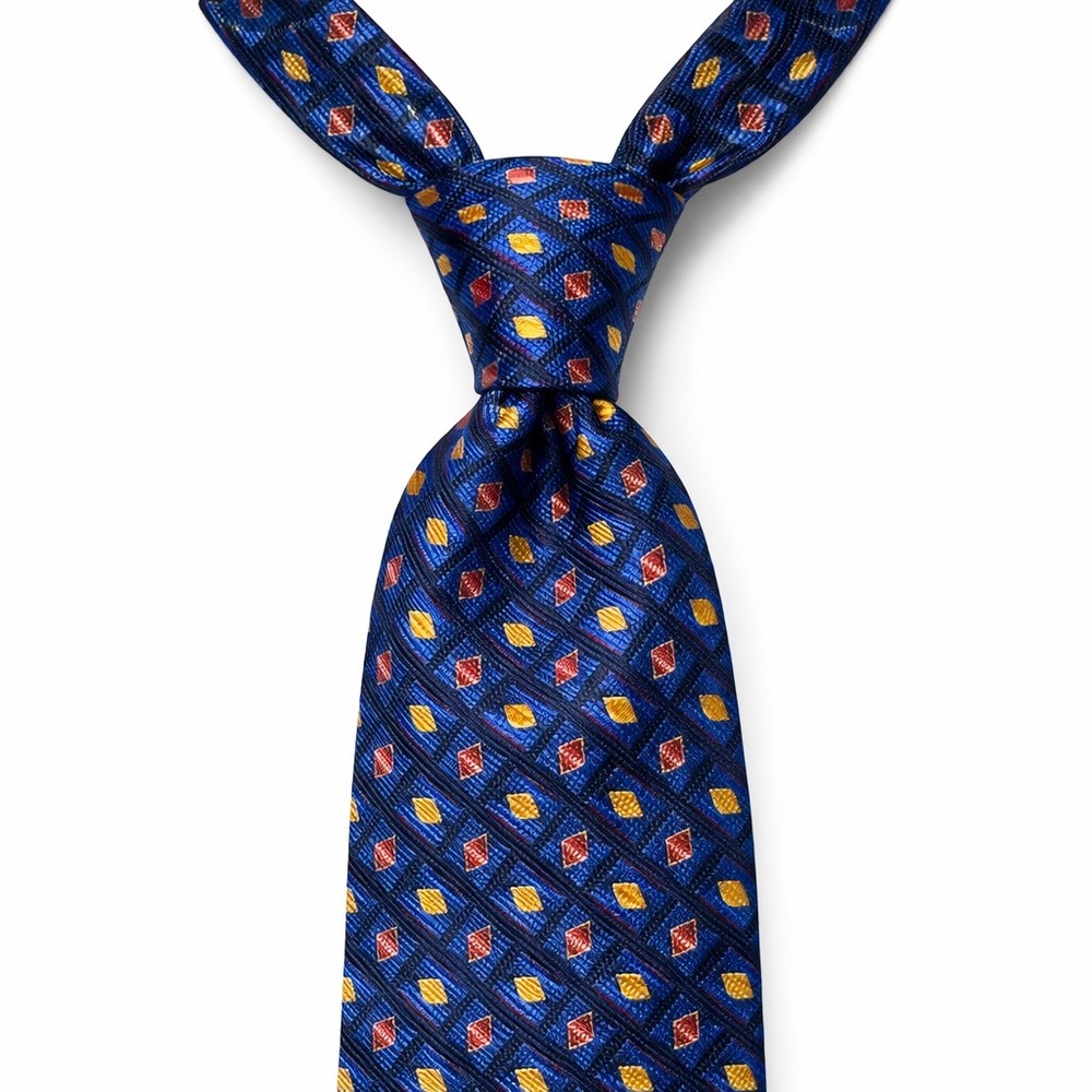 Vtg Massimo Ferre Silk Tie OS Blue Yellow Geometric Diamond‎ Pattern Made Italy